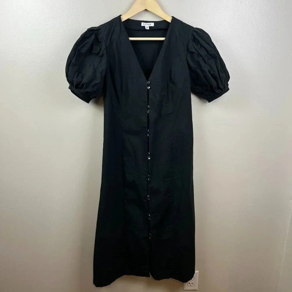 Silvae Christina Dress Size Small Black Puff Sleeve Midi Button Front Minimal - Picture 1 of 10